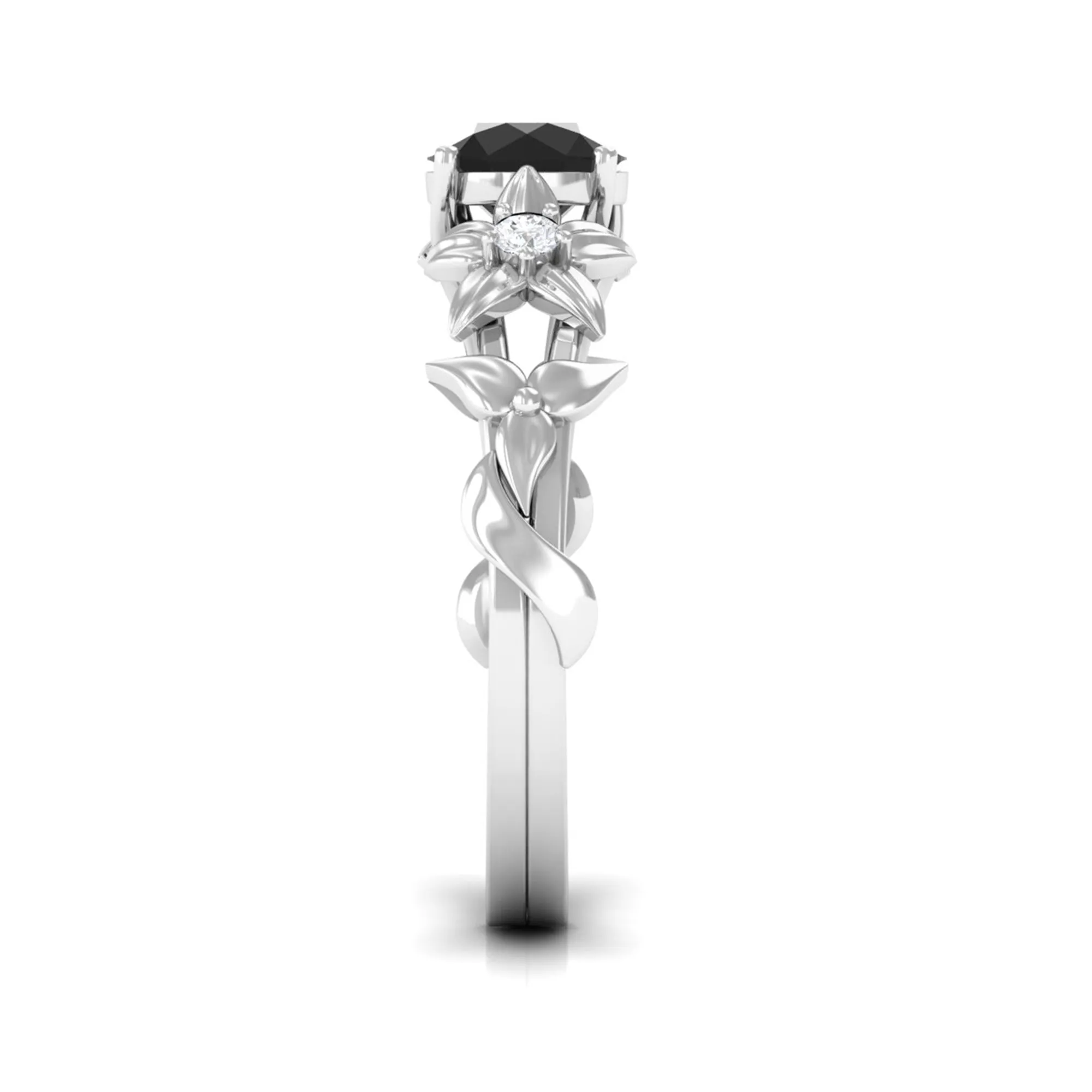 0.75 CT Black Onyx Solitaire Floral Ring with Diamond