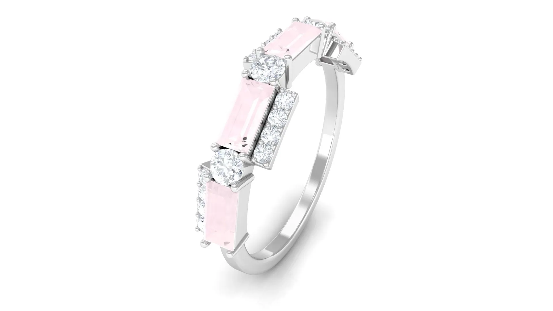 1 CT Designer Rose Quartz Half Eternity Ring with Diamond