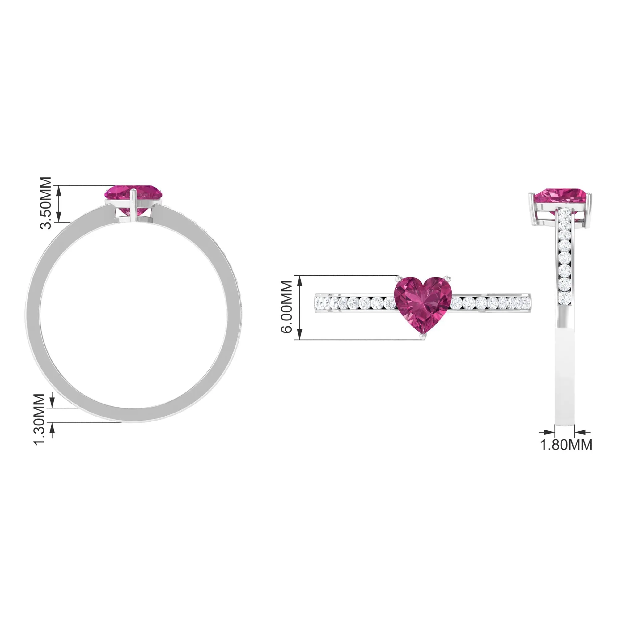1 CT Heart Shape Pink Tourmaline Solitaire Ring with Diamond Side Stones
