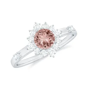 1 CT Round Morganite and Diamond Halo Engagement Ring