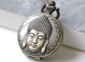1 PC Antique Bronze Buddha Head Religious Pocket Watch  A7973