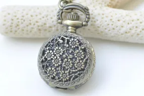 1 PC Antique Bronze Small Flower Pocket Watch Necklace A1865