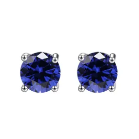 10k White Gold Plated 1 Carat Round Created Blue Sapphire Stud Earrings