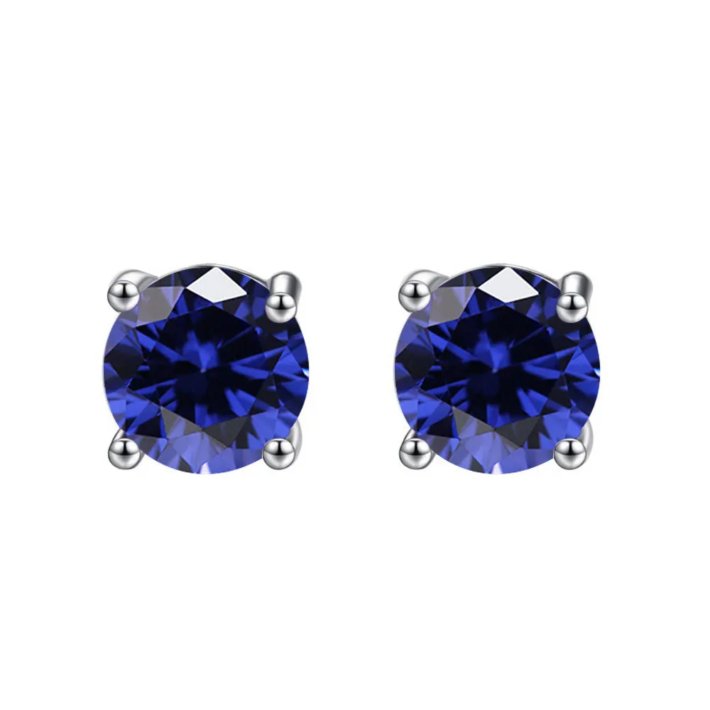10k White Gold Plated 1 Carat Round Created Blue Sapphire Stud Earrings