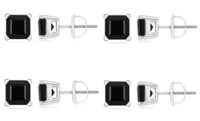 10k White Gold Plated Created Black Sapphire 2Ct Square Cut Pack of Four Stud Earrings