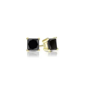 10k Yellow Gold Plated 4 Carat Princess Cut Created Black Sapphire Stud Earrings