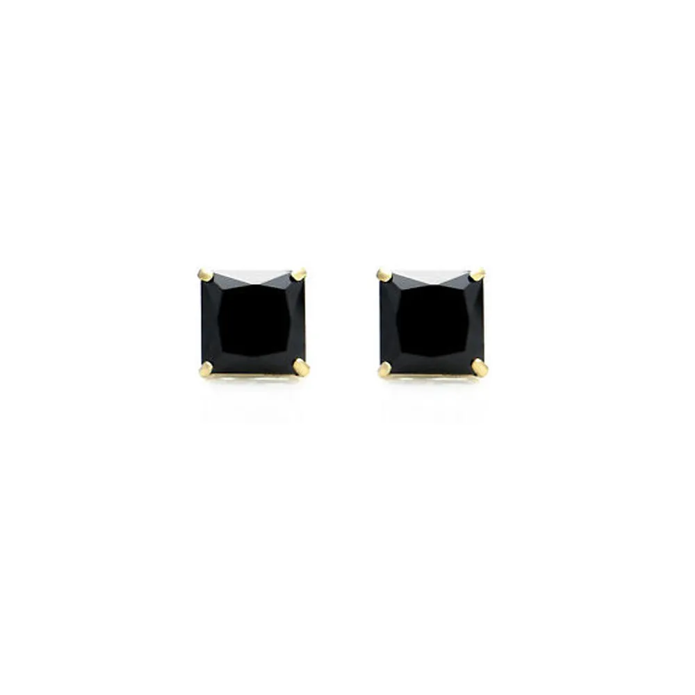 10k Yellow Gold Plated Created Black Sapphire 1/2 Carat Princess Cut Stud Earrings