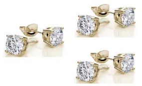 10k Yellow Gold Plated Created White Sapphire 1/2 Carat Round Pack of Three Stud Earrings