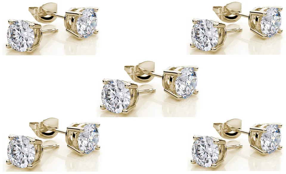 10k Yellow Gold Plated Created White Sapphire 4 Carat Round Pack of Five Stud Earrings