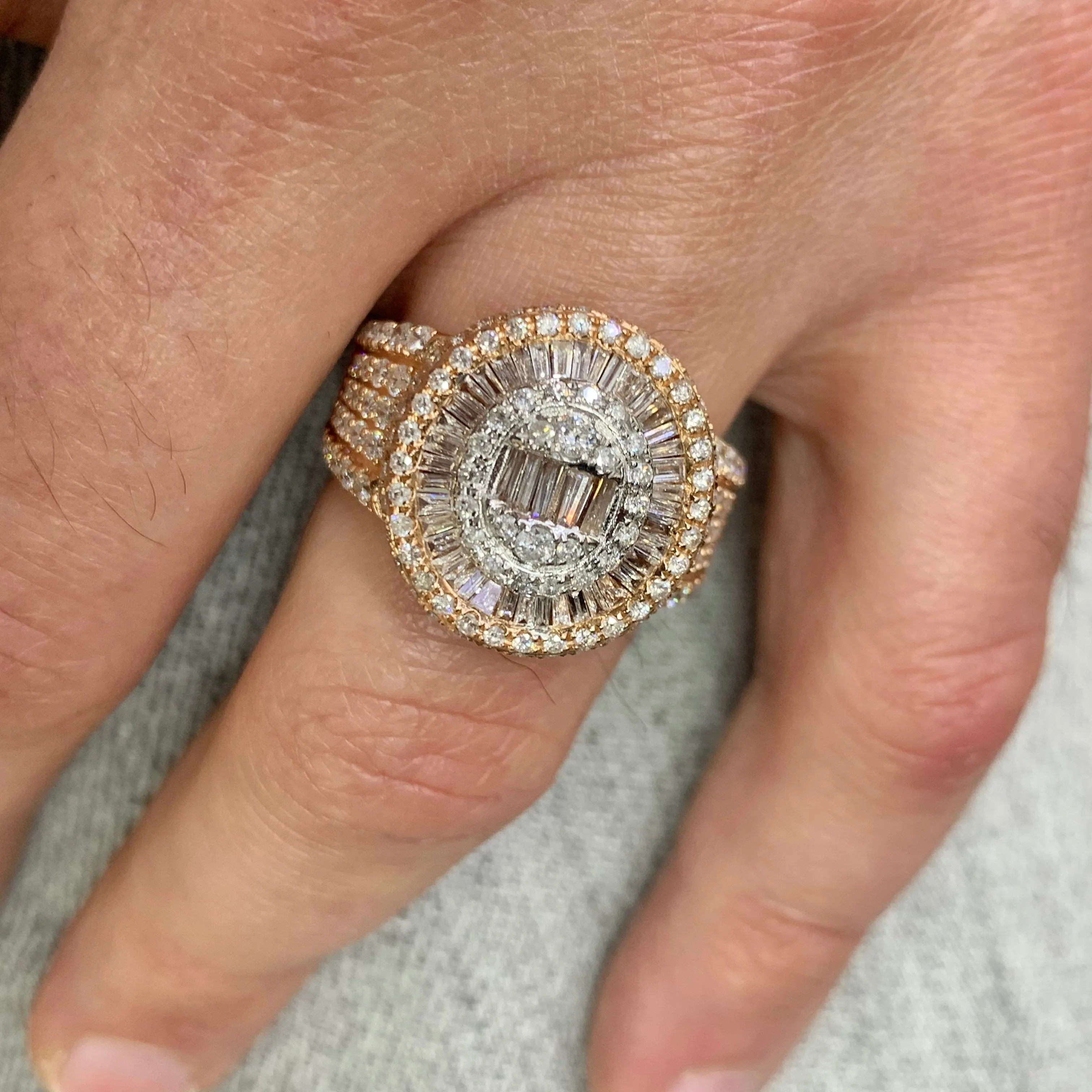 14k Gold Baguette Cake Diamond Ring (side diamonds, choose gold color)