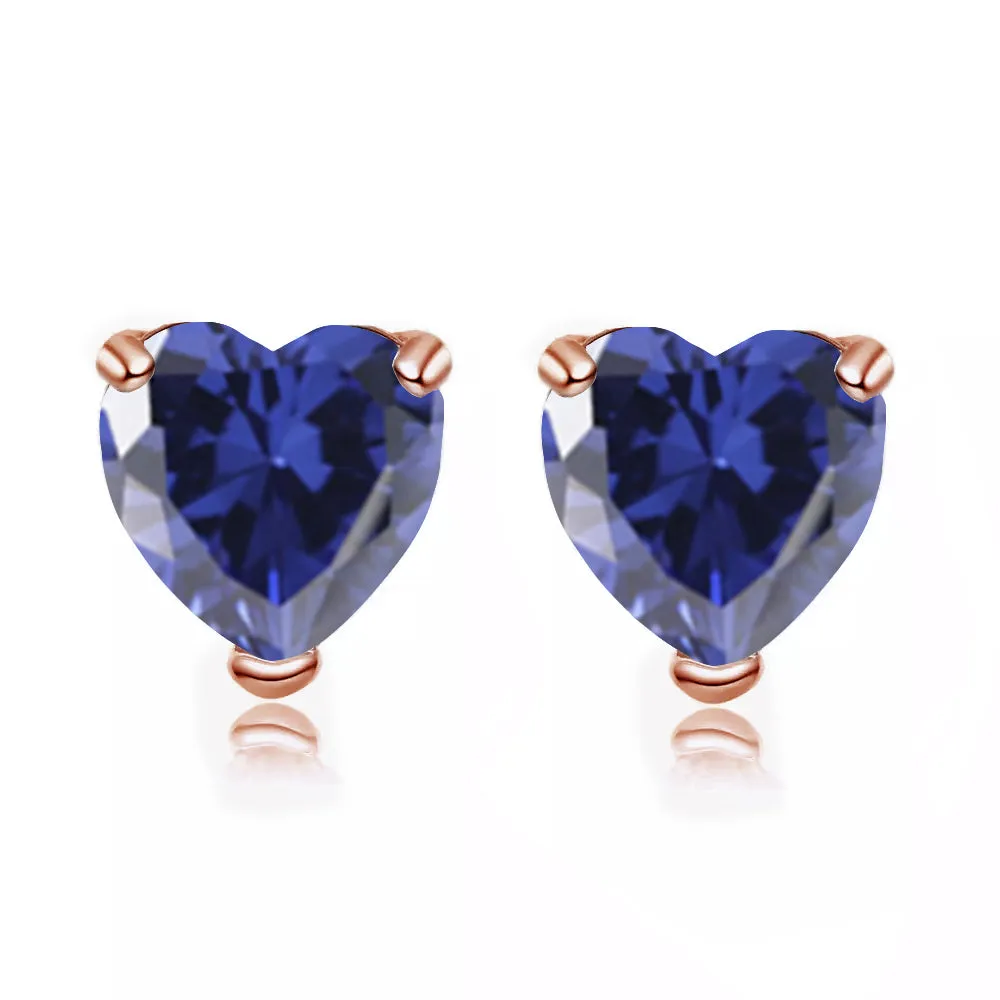 14k Rose Gold Plated 1 Carat Heart Created Blue Sapphire Stud Earrings