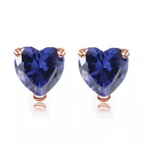 14k Rose Gold Plated 1 Carat Heart Created Blue Sapphire Stud Earrings
