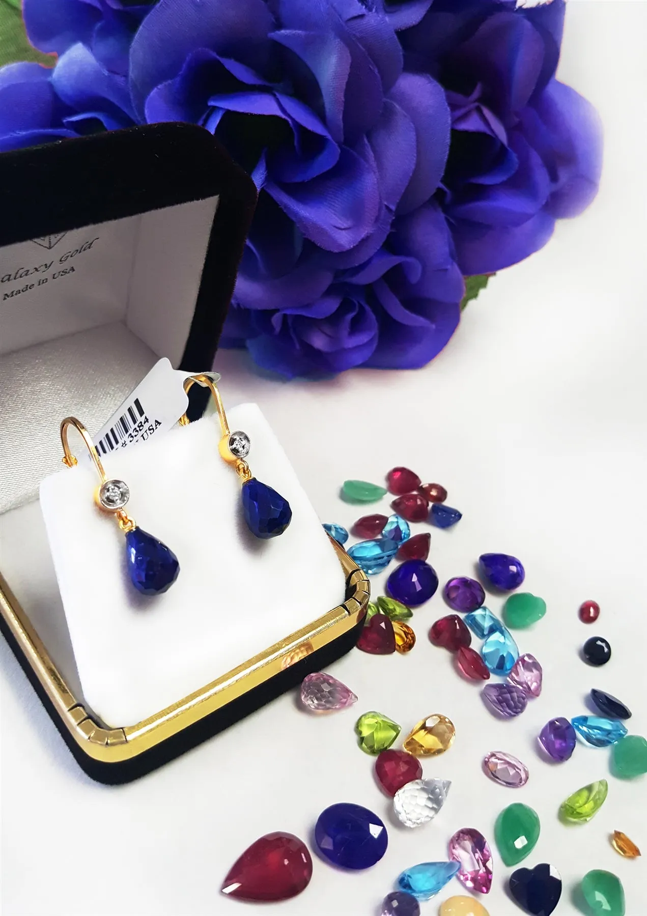 14K Solid Rose Gold Leverback Earrings Diamond & Sapphire Series