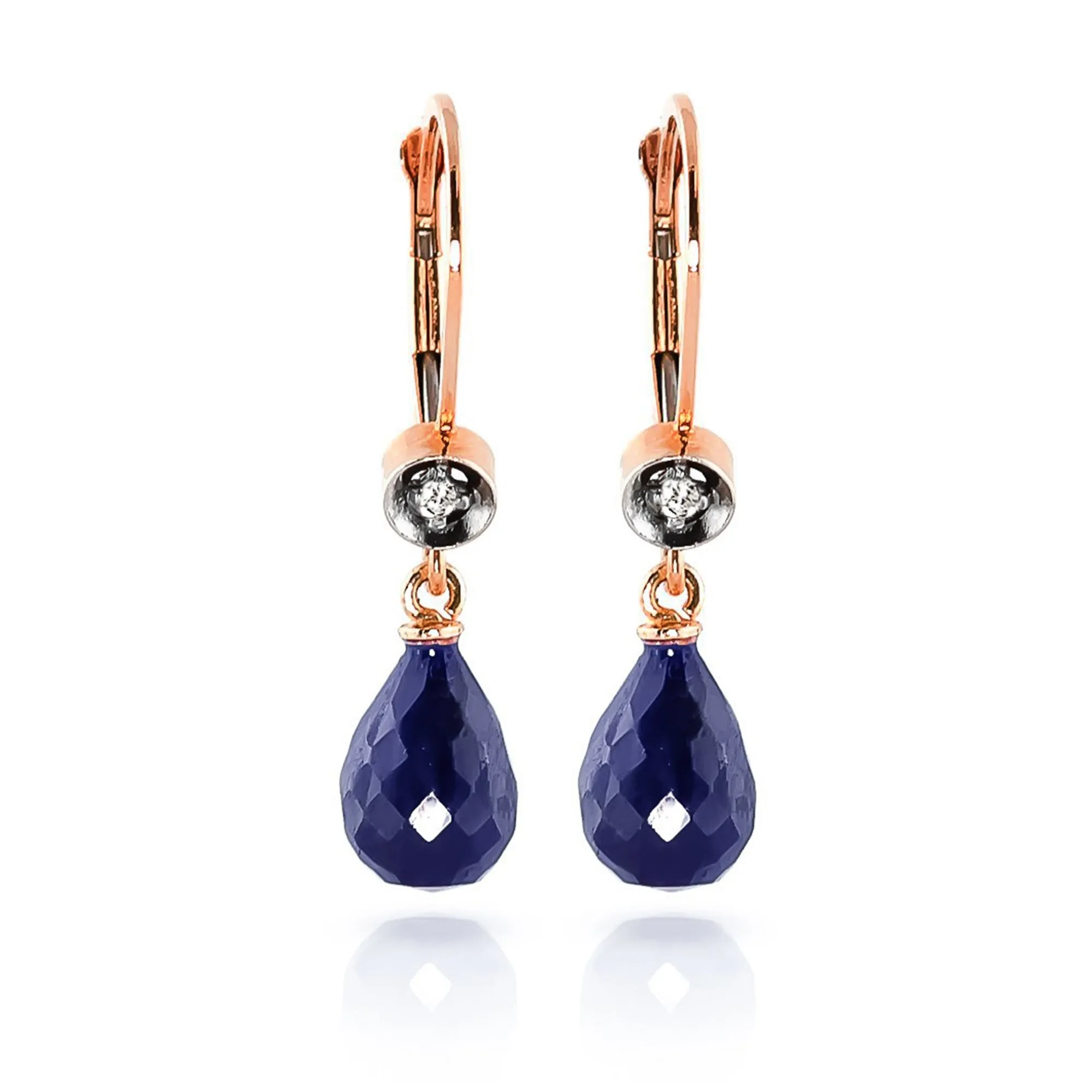 14K Solid Rose Gold Leverback Earrings Diamond & Sapphire Series