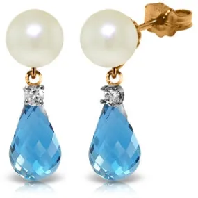 14K Solid Rose Gold Stud Earrings w/ Diamonds, Blue Topaz & Pearls