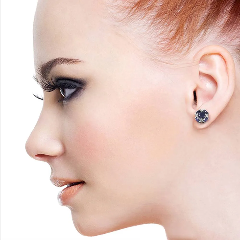 14K Solid White Gold Stud Earrings w/ Natural Sapphires
