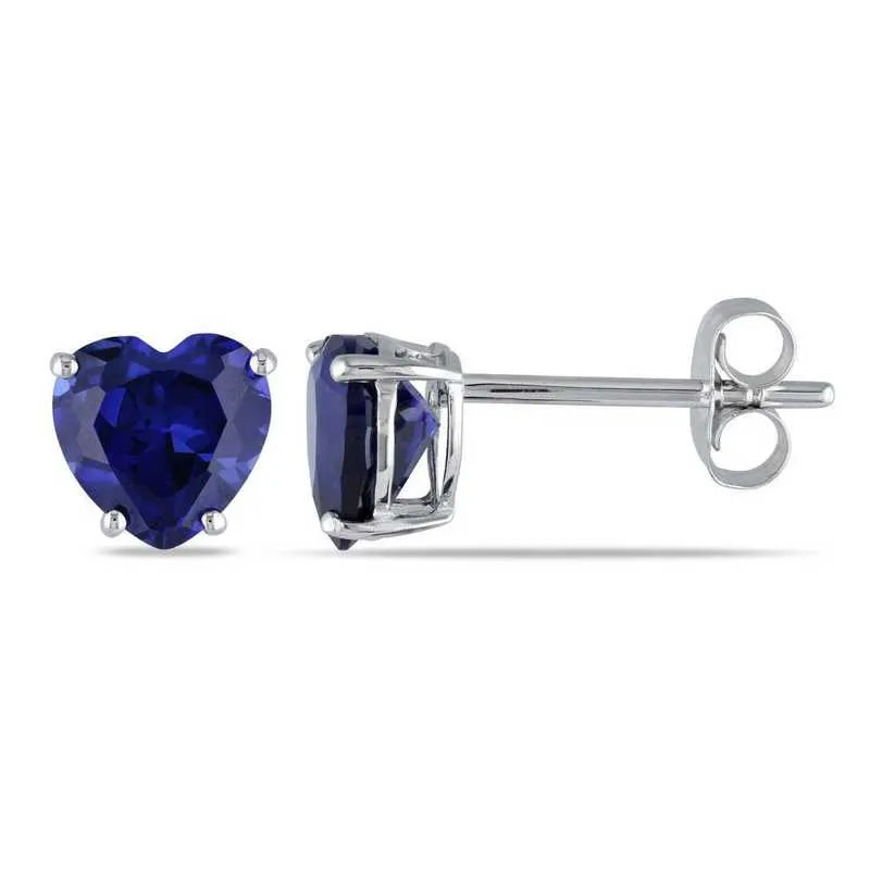 14k White Gold Plated 3 Carat Heart Created Blue Sapphire Stud Earrings