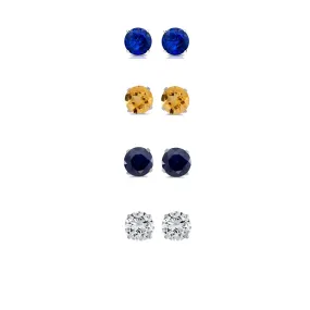 14k White Gold Plated 3Ct Created Blue Sapphire, Citrine, Black Sapphire and White Sapphire 4 Pair Round Stud Earrings