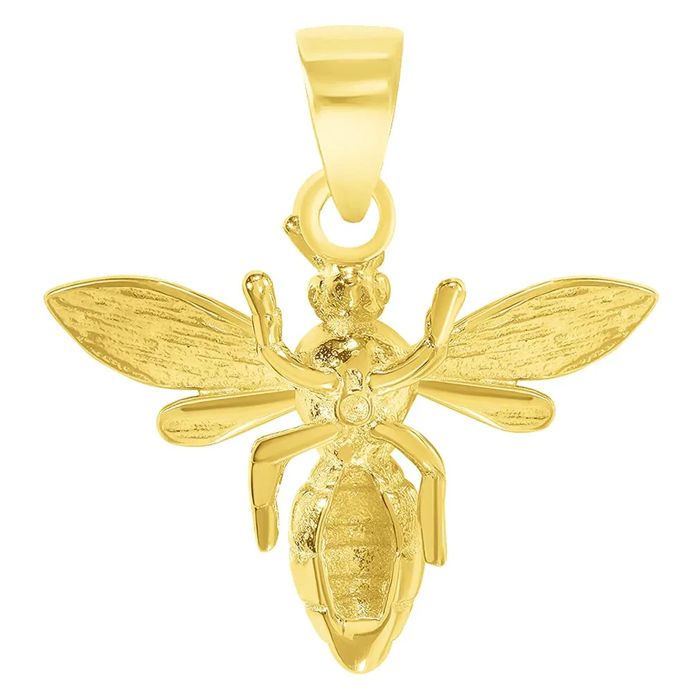 14k Yellow Gold 3D Honey Bee Charm Bumblebee Insect Pendant with Figaro Chain Necklace