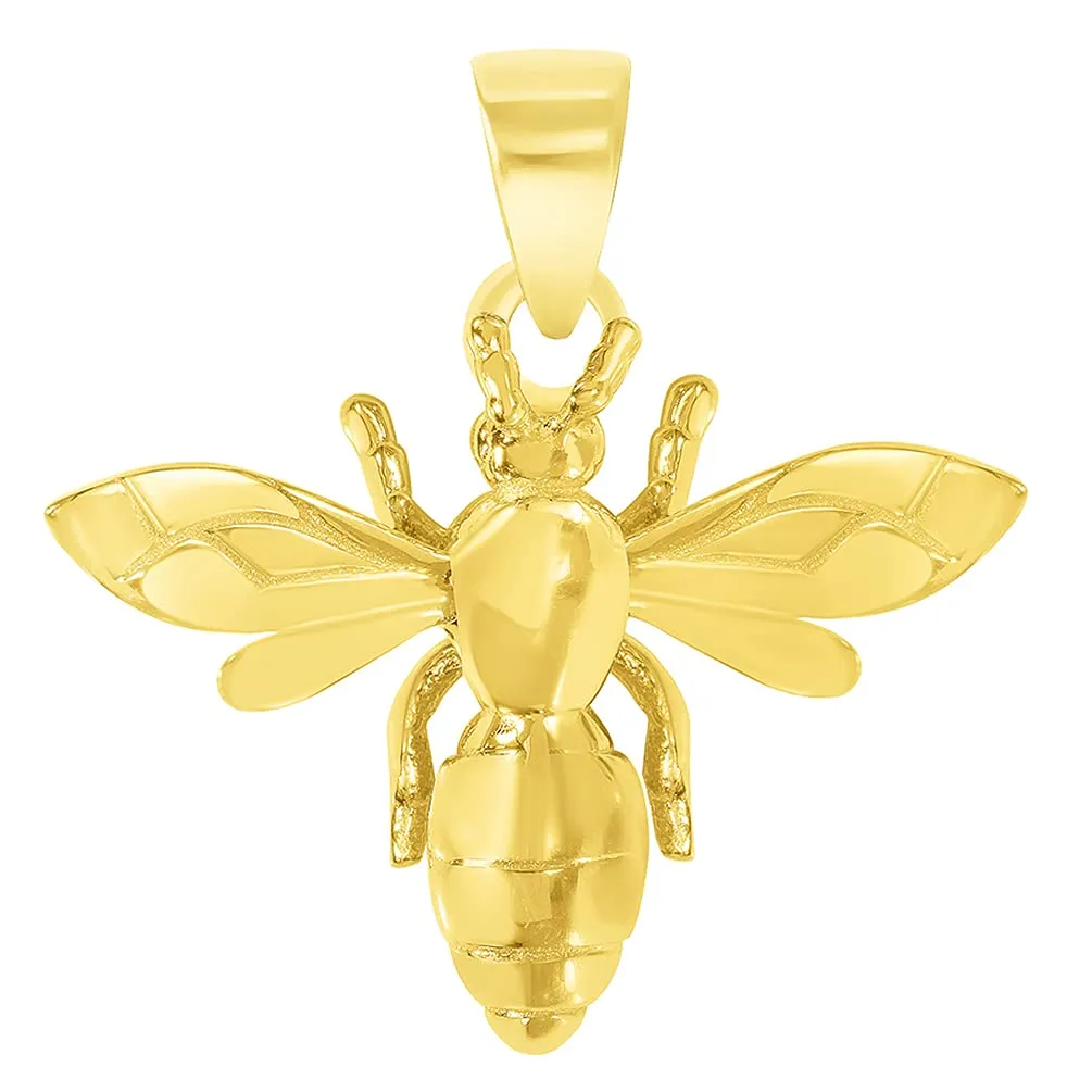 14k Yellow Gold 3D Honey Bee Charm Bumblebee Insect Pendant with Figaro Chain Necklace