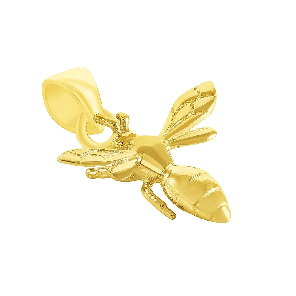 14k Yellow Gold 3D Honey Bee Charm Bumblebee Insect Pendant with Figaro Chain Necklace