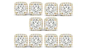 14k Yellow Gold 6mm 2Ct Cushion Cut White Sapphire Set Of Five Halo Stud Earrings Plated