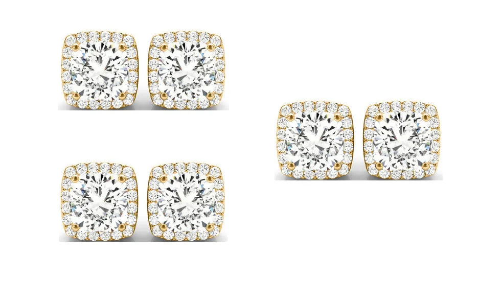 14k Yellow Gold 6mm 2Ct Cushion Cut White Sapphire Set Of Three Halo Stud Earrings Plated