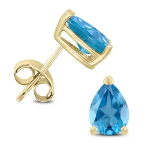 14K Yellow Gold 7X5Mm Pear Blue Topaz Earrings