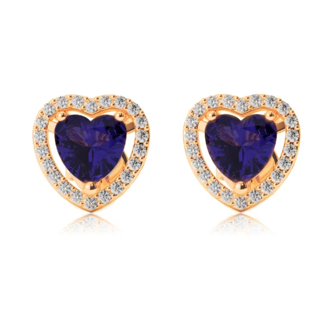 14k Yellow Gold Plated 1/2 Ct Created Halo Heart Blue Sapphire Stud Earrings