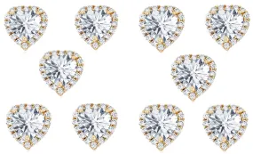 14k Yellow Gold Plated 1Ct Heart White Sapphire Set of Five Halo Stud Earrings