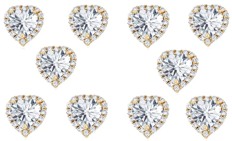 14k Yellow Gold Plated 1Ct Heart White Sapphire Set of Five Halo Stud Earrings