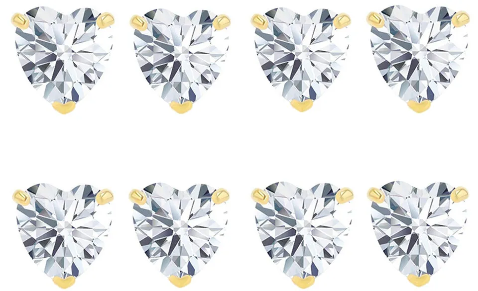 14k Yellow Gold Plated 1Ct Heart White Sapphire Set Of Four Stud Earrings