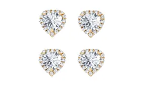 14k Yellow Gold Plated 1Ct Heart White Sapphire Set of Two Halo Stud Earrings