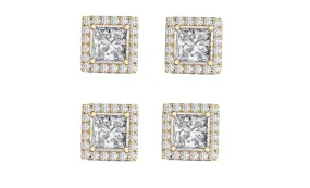 14k Yellow Gold Plated 1Ct Square Cut White Sapphire Set of Two Halo Stud Earrings