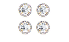 14k Yellow Gold Plated 4Ct Round White Sapphire Set Of Two Halo Stud Earrings