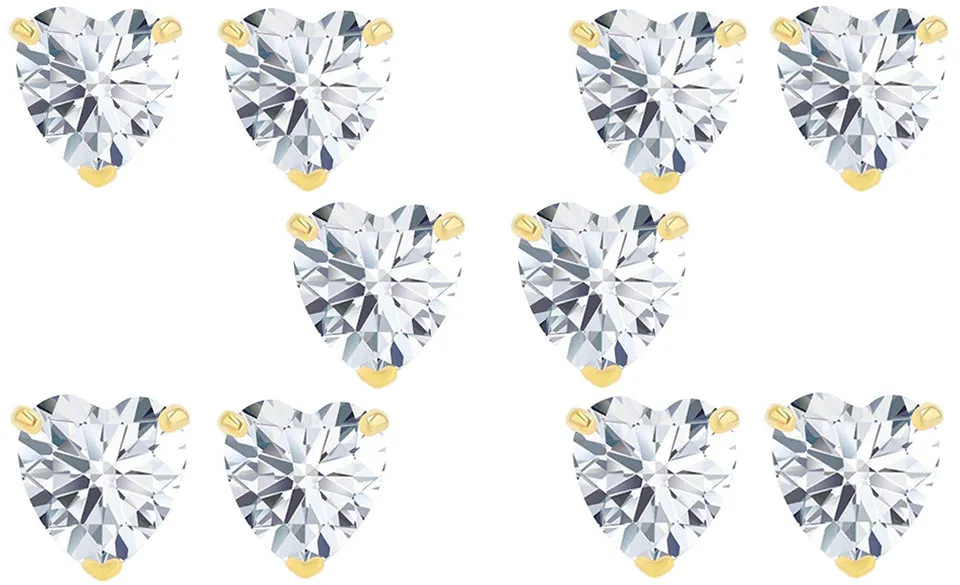 14k Yellow Gold Plated 6mm 2Ct Heart White Sapphire Set Of Five Stud Earrings