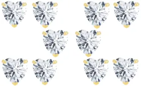 14k Yellow Gold Plated 6mm 2Ct Heart White Sapphire Set Of Five Stud Earrings