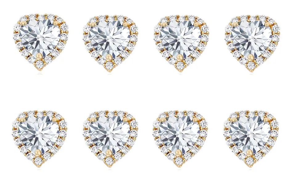 14k Yellow Gold Plated 6mm 2Ct Heart White Sapphire Set of Four Halo Stud Earrings