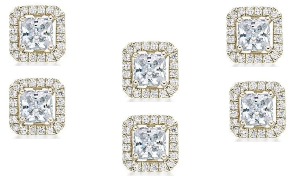 14k Yellow Gold Plated 6mm 3Ct Princess Cut White Sapphire Set of Three Halo Stud Earrings