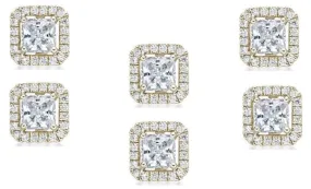 14k Yellow Gold Plated 6mm 3Ct Princess Cut White Sapphire Set of Three Halo Stud Earrings