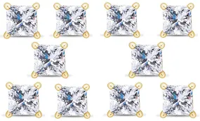 14k Yellow Gold Plated 6mm 4Ct Princess Cut White Sapphire Set Of Five Stud Earrings