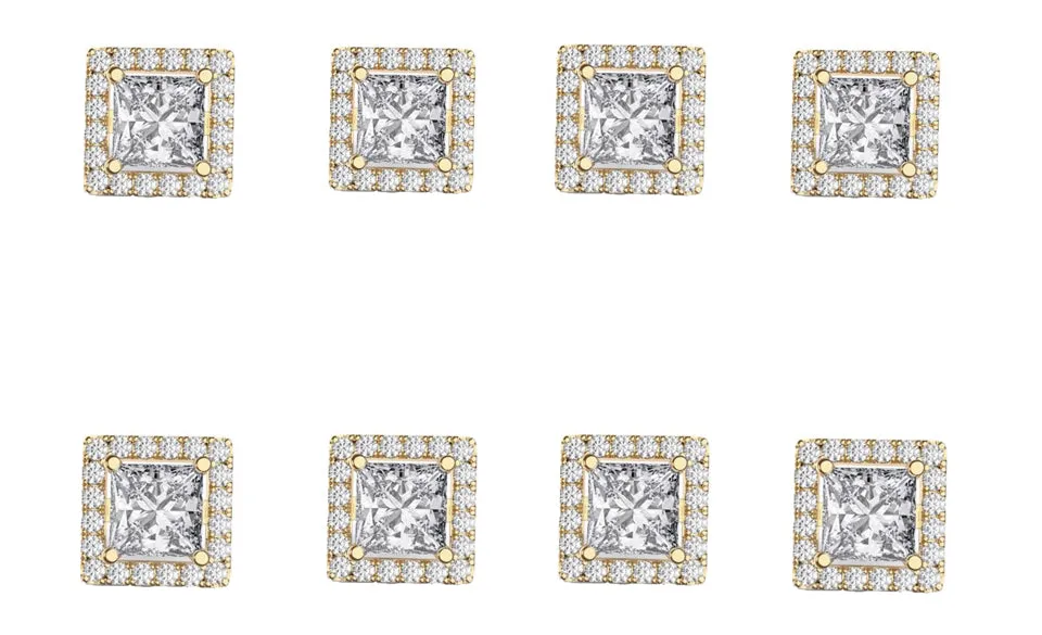 14k Yellow Gold Plated 6mm 4Ct Square Cut White Sapphire Set of Four Halo Stud Earrings