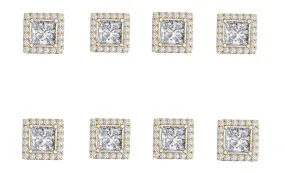 14k Yellow Gold Plated 6mm 4Ct Square Cut White Sapphire Set of Four Halo Stud Earrings