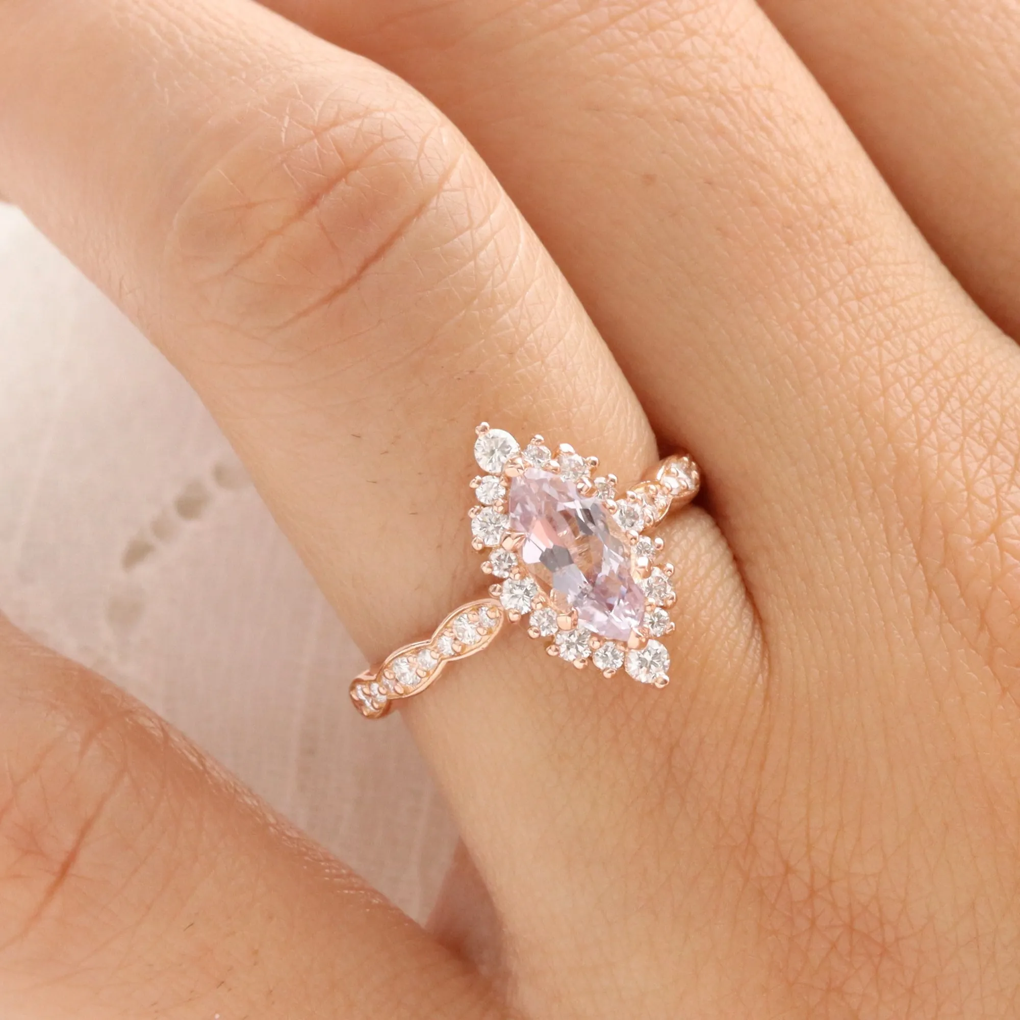 1.87 Ct. Marquise Lavender Sapphire Ring in 14k Rose Gold Tiara Halo Diamond Size 6.75