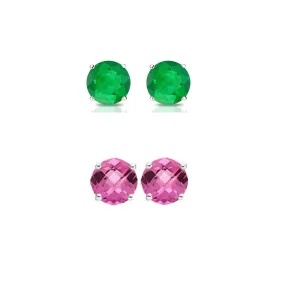 18k White Gold Plated 2Ct Created Emerald and Pink sapphire 2 Pair Round Stud Earrings