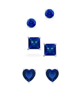 18k White Gold Plated 6mm Created Blue Sapphire 3 Pair Round, Square and Heart Stud Earrings