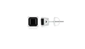 18k White Gold Plated Created Black Sapphire 4Ct Square Cut Stud Earrings