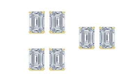 18k Yellow Gold 6mm 3Ct Emerald Cut White Sapphire Set Of Three Stud Earrings Plated