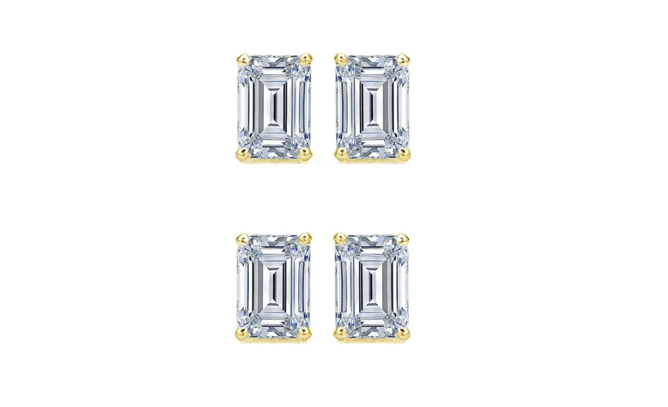 18k Yellow Gold 6mm 4Ct Emerald Cut White Sapphire Set Of Two Stud Earrings Plated