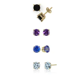 18k Yellow Gold Plated 1/2Ct Created Black Sapphire, Amethyst, Tanzanite and Aquamarine 4 Pair Round Stud Earrings
